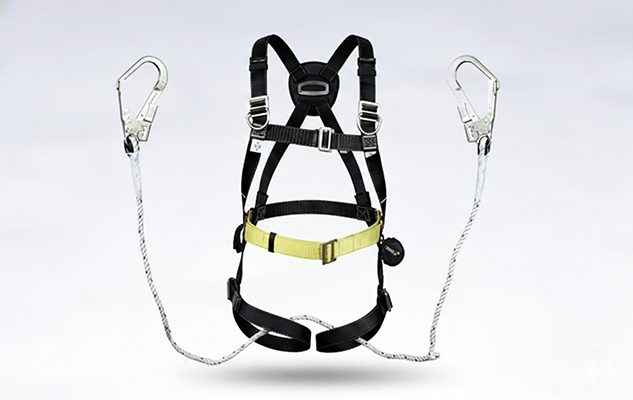 T-110 SAFETY BELT WITH DOUBLE LANYARD WITH POLYAMIDE SCAFFORLD HOOK & SHOCK ABSORBER